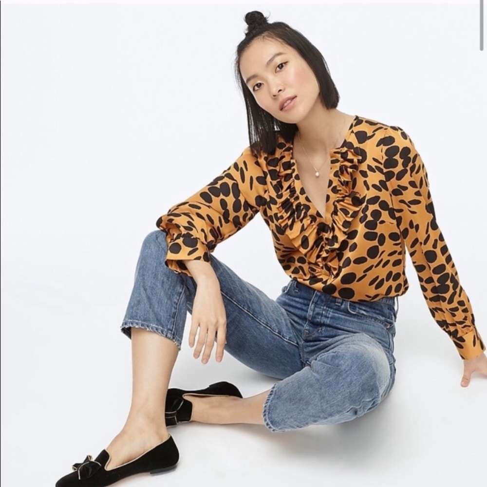 J Crew Gold with Black Polka Dots Ruffle Blouse